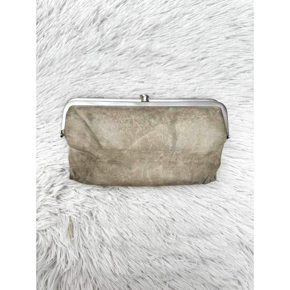 HOBO Lauren Double Frame Kisslock Wallet Gray Taupe Distressed Leather